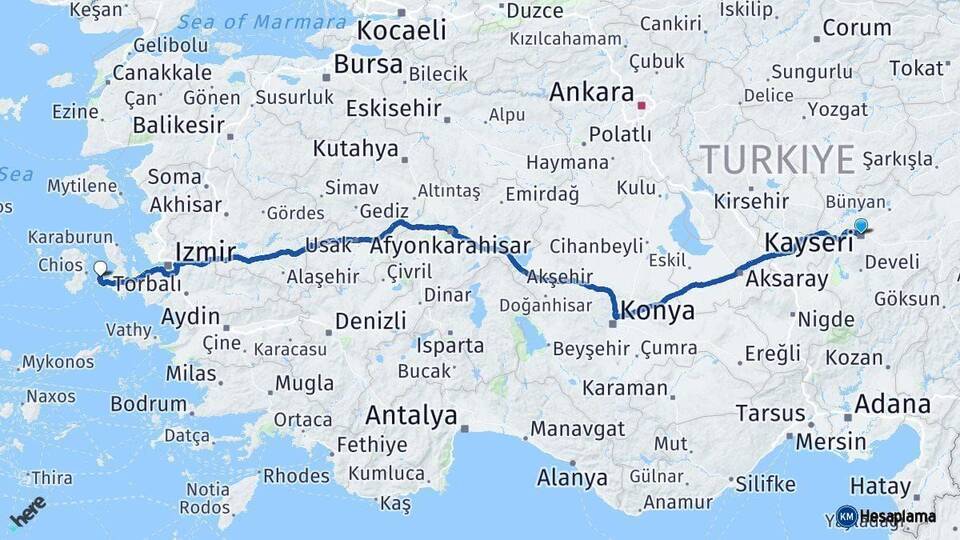 Kayseri Çeşme İzmir Arası Kaç Km - Yol Haritası