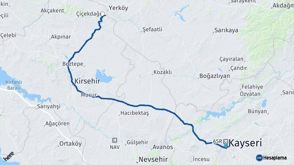 Kayseri Çiçekdağı Kırşehir Arası Kaç Km - Yol Haritası
