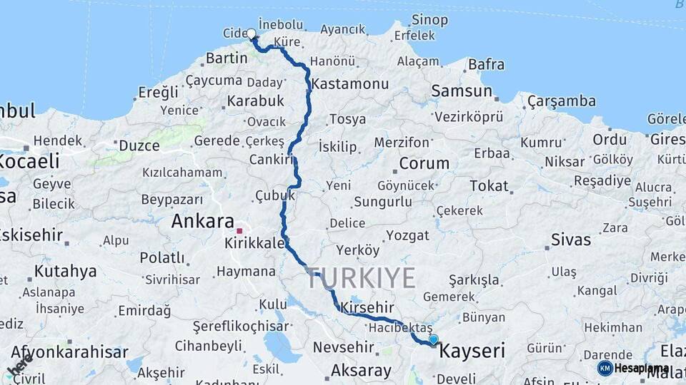 Kayseri Cide Kastamonu Arası Kaç Km - Yol Haritası