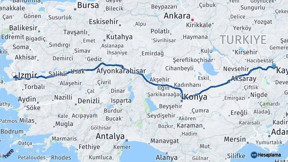 Kayseri Çiğli İzmir Arası Kaç Km - Yol Haritası