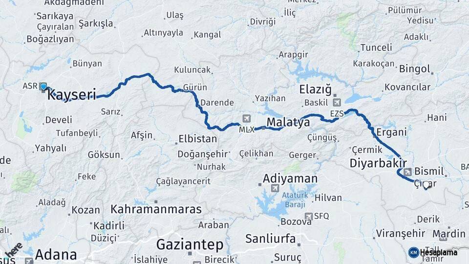 Kayseri Çınar Diyarbakır Arası Kaç Km - Yol Haritası
