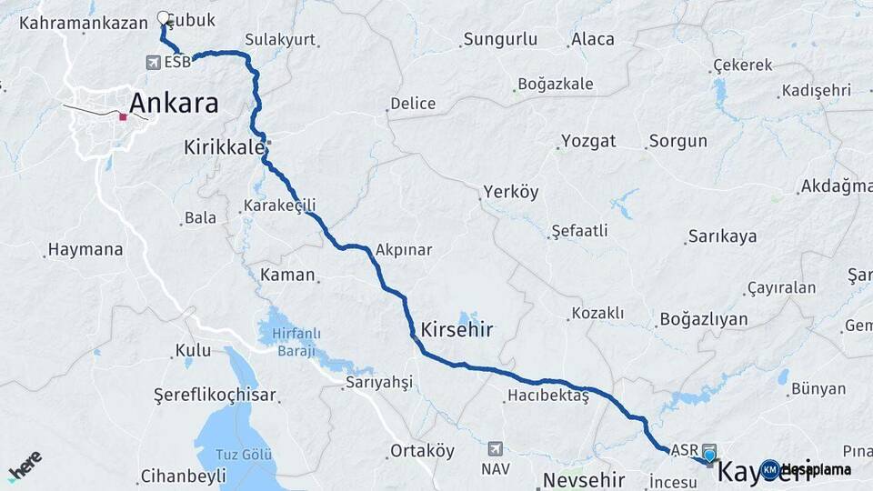 Kayseri Çubuk Ankara Arası Kaç Km - Yol Haritası