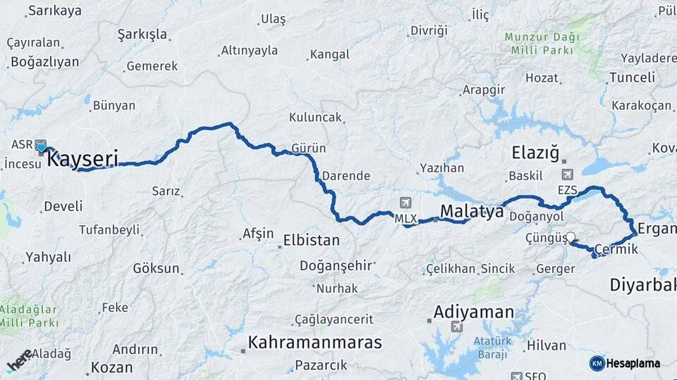 Kayseri Çüngüş Diyarbakır Arası Kaç Km - Yol Haritası