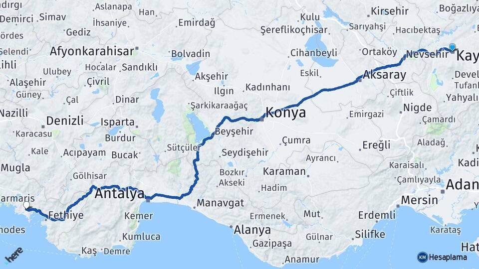 Kayseri Dalaman Muğla Arası Kaç Km - Yol Haritası