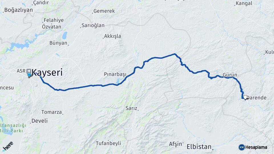 Kayseri Darende Malatya Arası Kaç Km - Yol Haritası