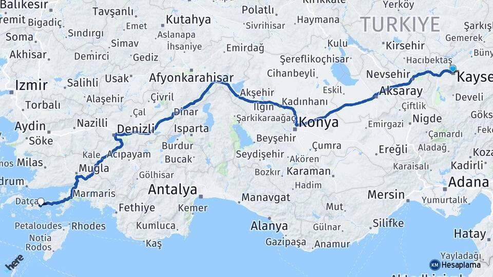 Kayseri Datça Muğla Arası Kaç Km - Yol Haritası