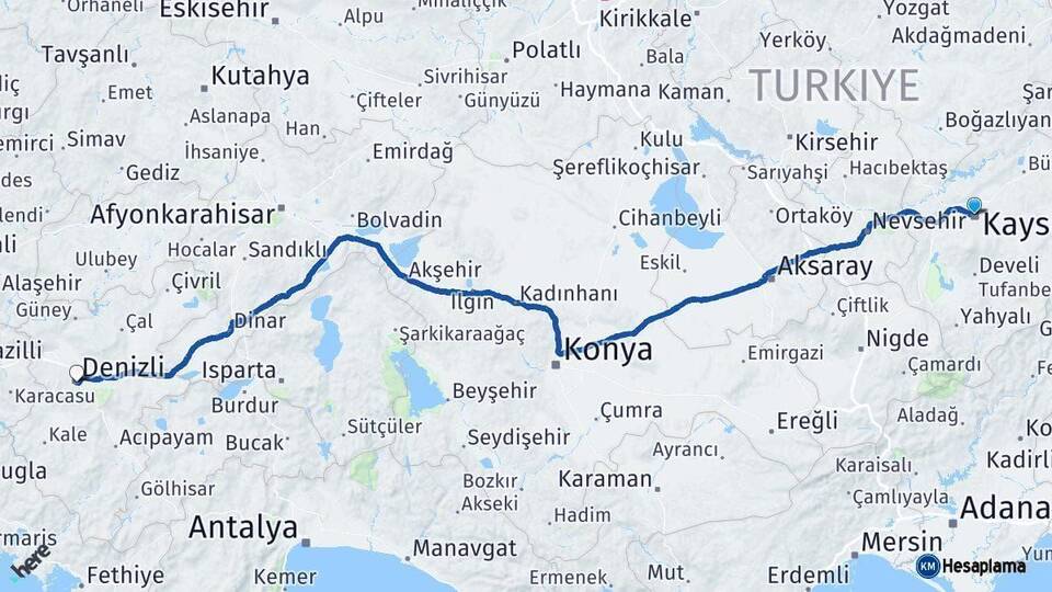 Kayseri Denizli Arası Kaç Km - Yol Haritası