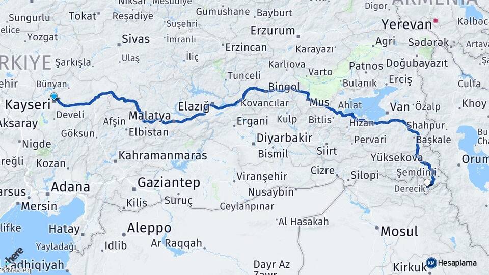 Kayseri Derecik Hakkari Arası Kaç Km - Yol Haritası