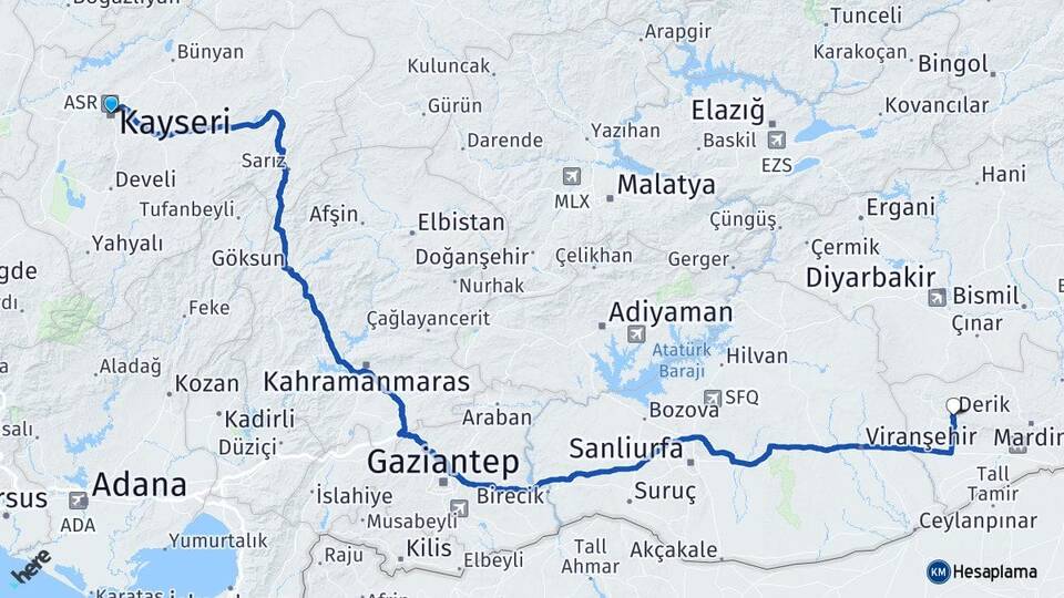 Kayseri Derik Mardin Arası Kaç Km - Yol Haritası