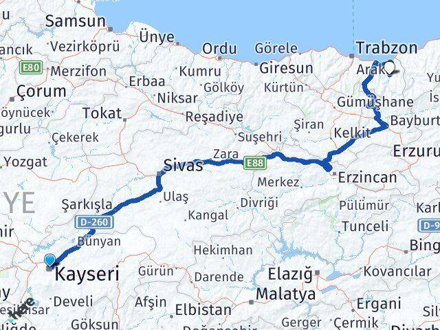 Kayseri Dernekpazarı Trabzon Arası Kaç Km - Yol Haritası