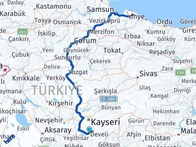 Kayseri Develi Acıklı Çarşamba Samsun Arası Kaç Km - Yol Haritası