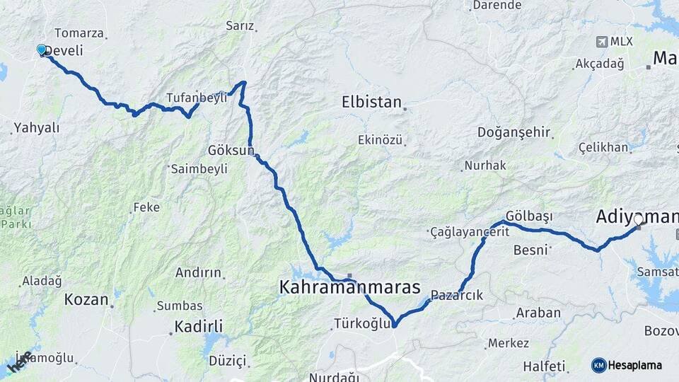 Kayseri Develi Adıyaman Arası Kaç Km - Yol Haritası