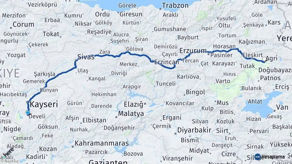 Kayseri Develi Ağrı Arası Kaç Km - Yol Haritası