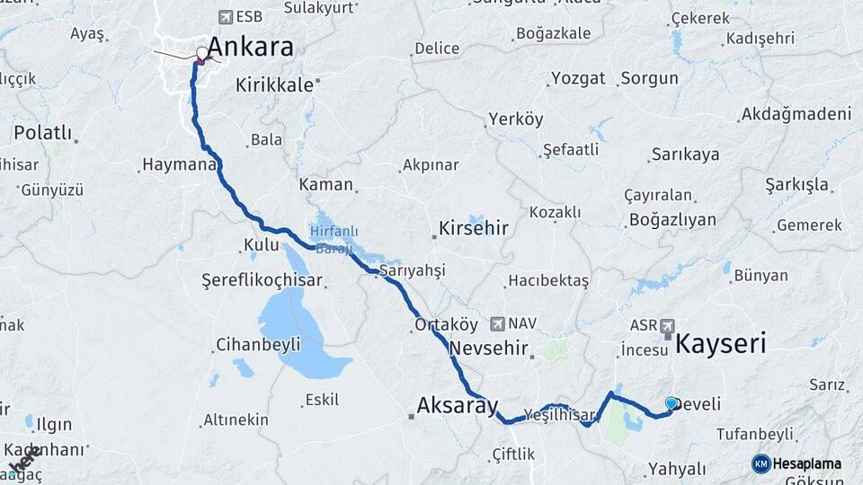 Kayseri Develi Ankara Arası Kaç Km - Yol Haritası