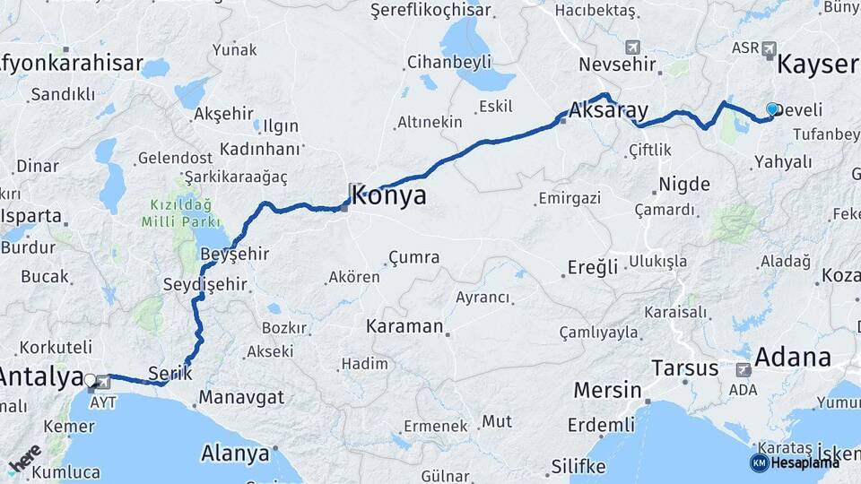 Kayseri Develi Antalya Arası Kaç Km - Yol Haritası