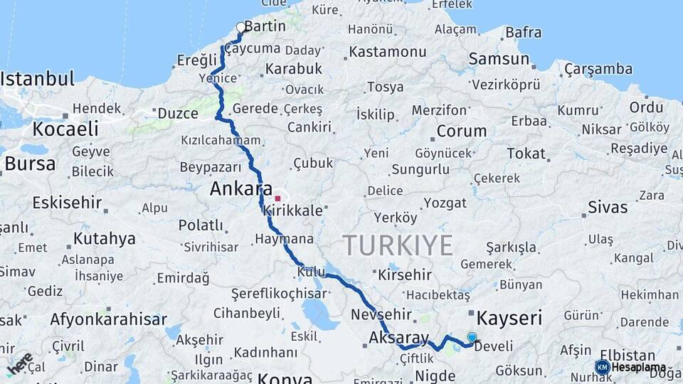 Kayseri Develi Bartın Arası Kaç Km - Yol Haritası