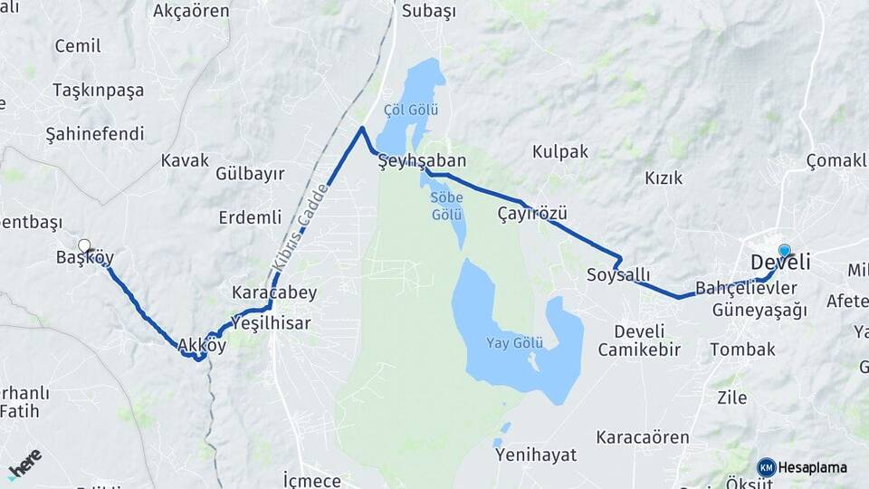 Kayseri Develi Başköy Yeşilhisar Arası Kaç Km - Yol Haritası