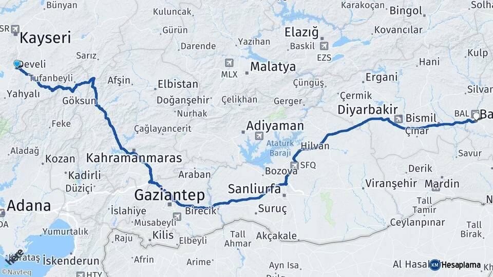 Kayseri Develi Batman Arası Kaç Km - Yol Haritası