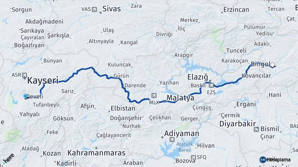Kayseri Develi Bingöl Arası Kaç Km - Yol Haritası