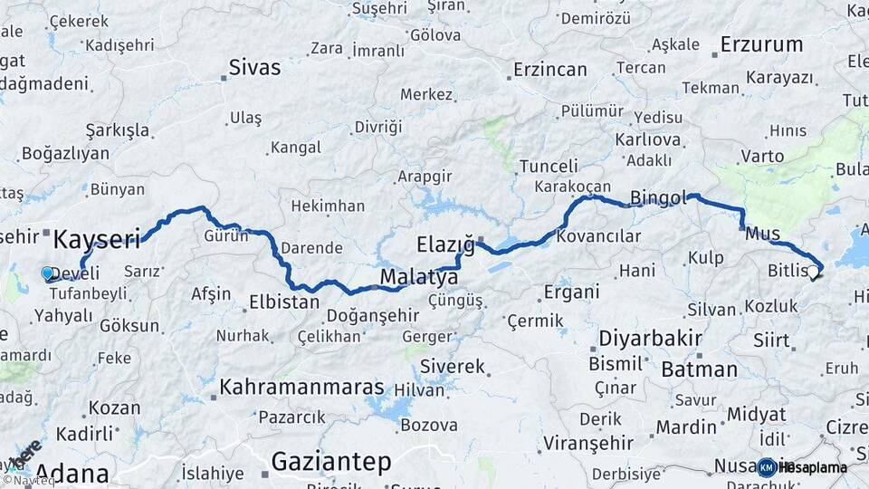 Kayseri Develi Bitlis Arası Kaç Km - Yol Haritası