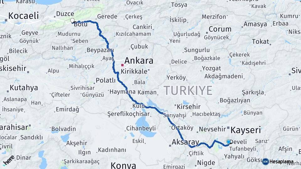 Kayseri Develi Bolu Arası Kaç Km - Yol Haritası