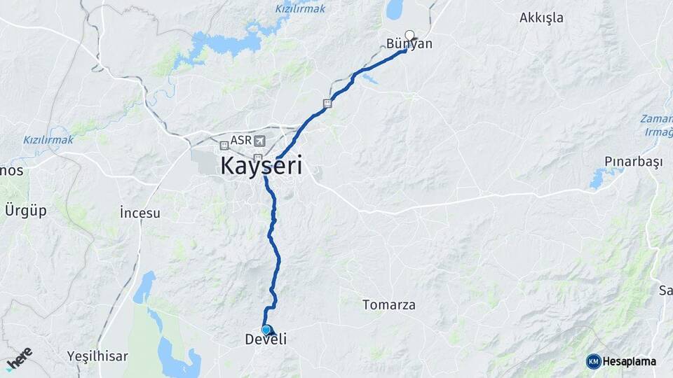 Kayseri Develi Bünyan Arası Kaç Km - Yol Haritası
