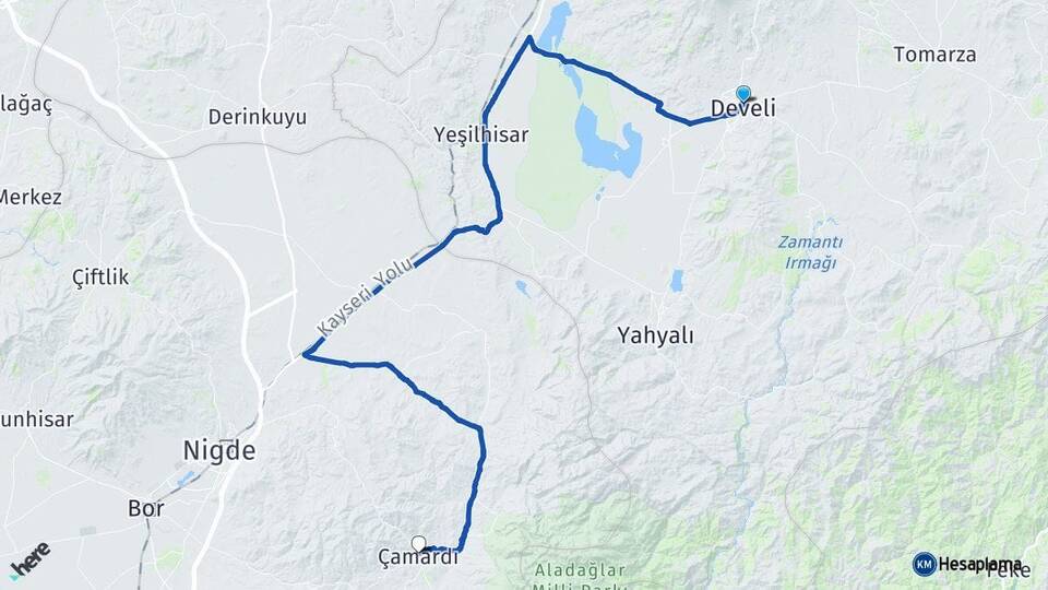 Kayseri Develi Çamardı Niğde Arası Kaç Km - Yol Haritası
