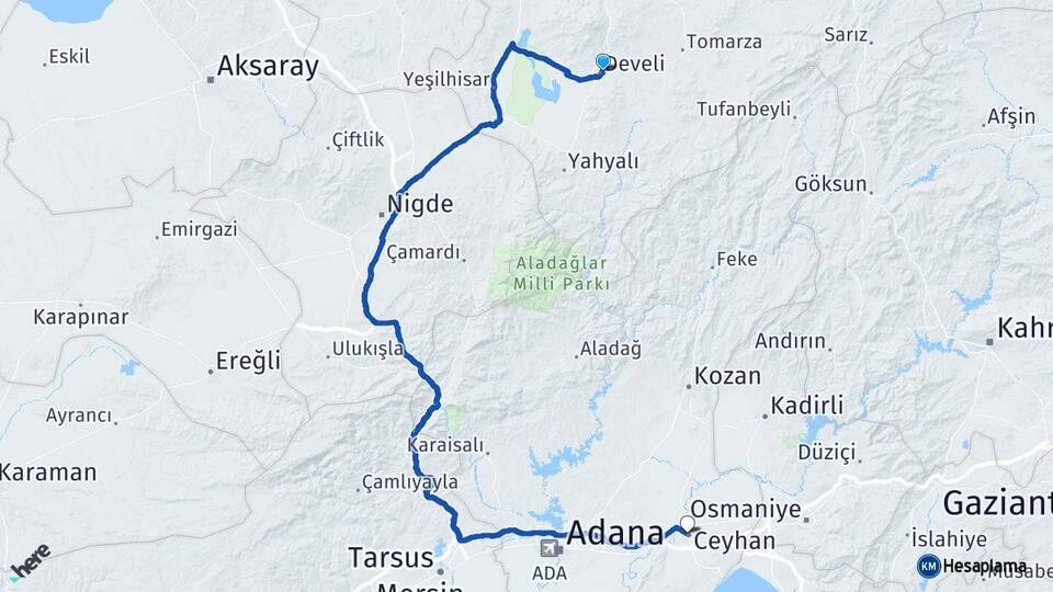 Kayseri Develi Ceyhan Adana Arası Kaç Km - Yol Haritası
