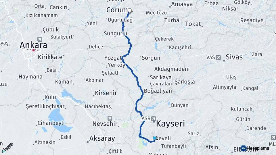 Kayseri Develi Çorum Arası Kaç Km - Yol Haritası