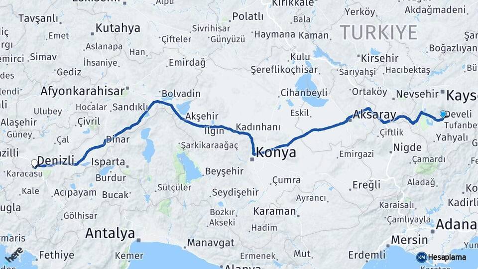 Kayseri Develi Denizli Arası Kaç Km - Yol Haritası