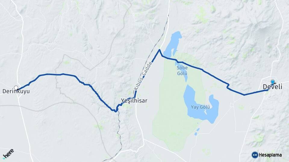 Kayseri Develi Derinkuyu Nevşehir Arası Kaç Km - Yol Haritası