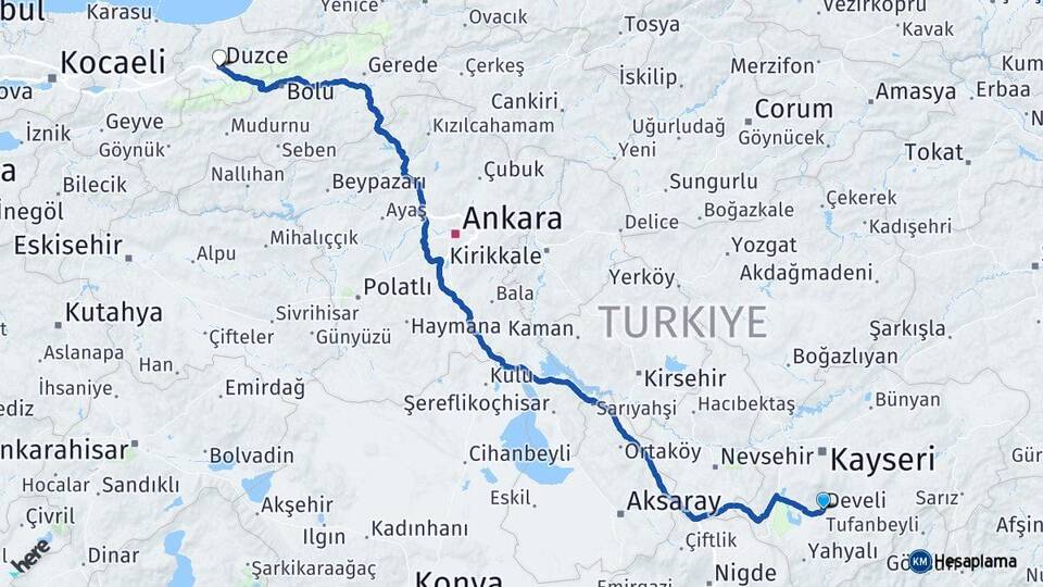 Kayseri Develi Düzce Arası Kaç Km - Yol Haritası