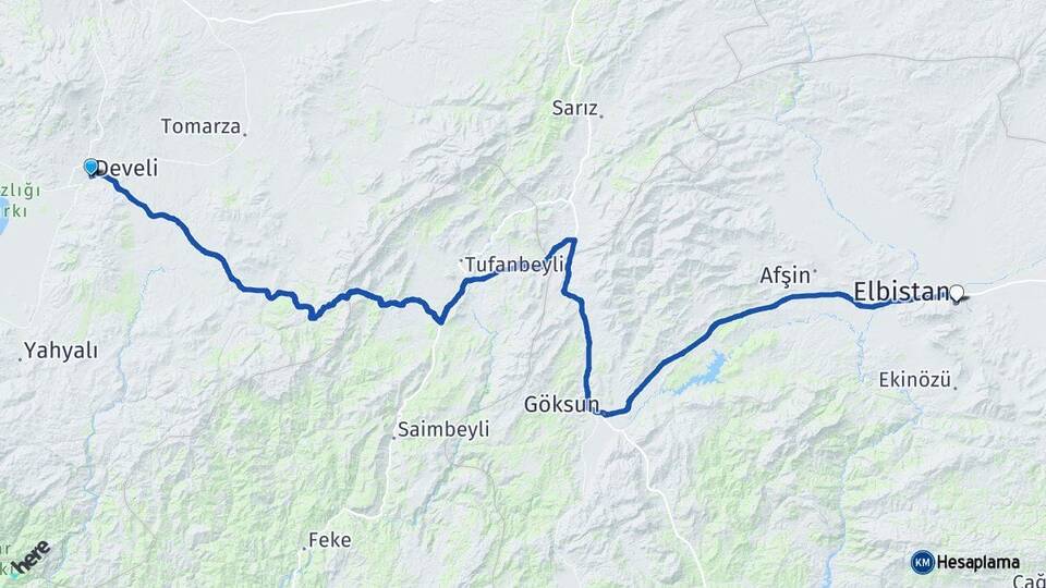Kayseri Develi Elbistan Kahramanmaraş Arası Kaç Km - Yol Haritası