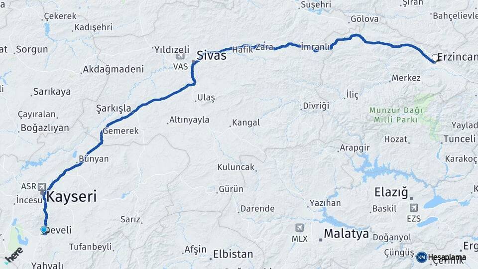 Kayseri Develi Erzincan Arası Kaç Km - Yol Haritası