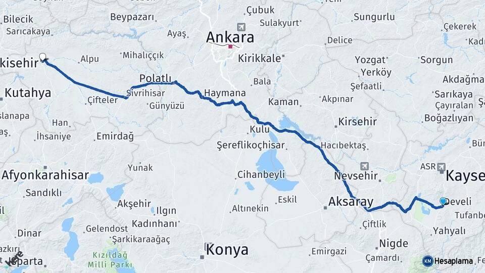 Kayseri Develi Eskişehir Arası Kaç Km - Yol Haritası