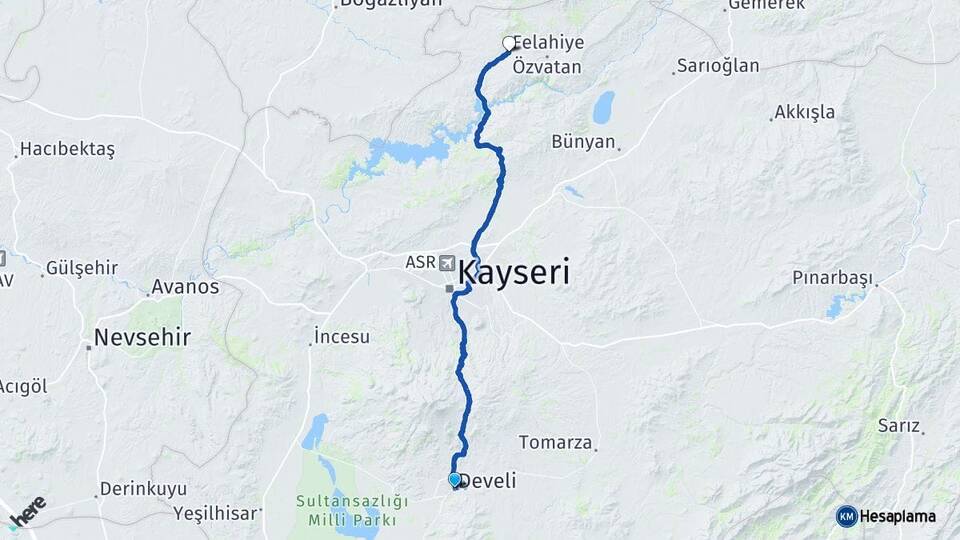 Kayseri Develi Felahiye Arası Kaç Km - Yol Haritası