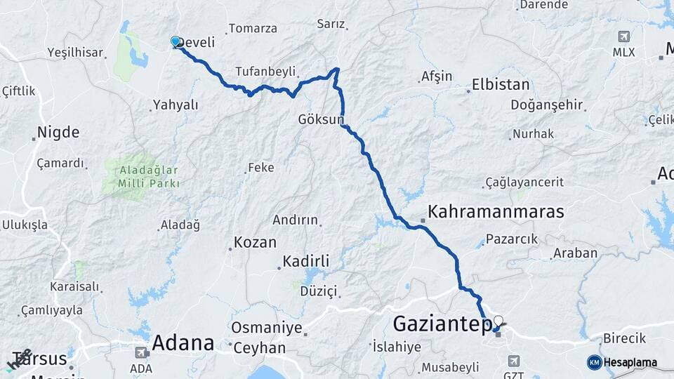 Kayseri Develi Gaziantep Arası Kaç Km - Yol Haritası