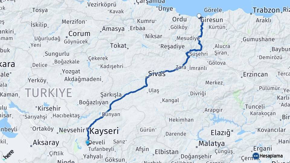 Kayseri Develi Giresun Arası Kaç Km - Yol Haritası