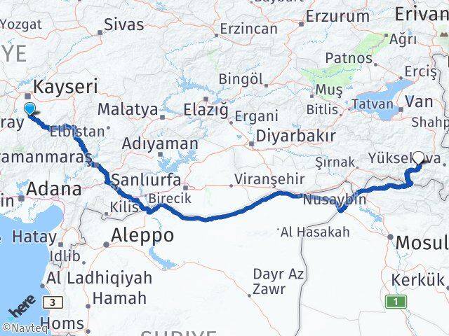 Kayseri Develi Hakkari Arası Kaç Km - Yol Haritası