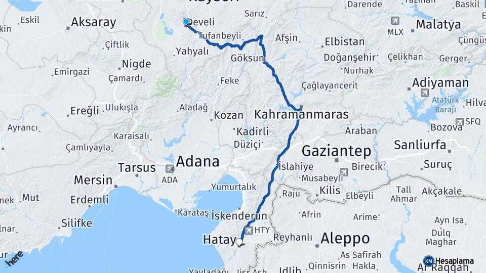 Kayseri Develi Hatay Arası Kaç Km - Yol Haritası
