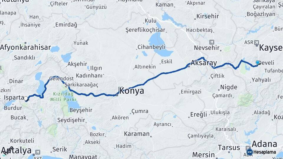 Kayseri Develi Isparta Arası Kaç Km - Yol Haritası