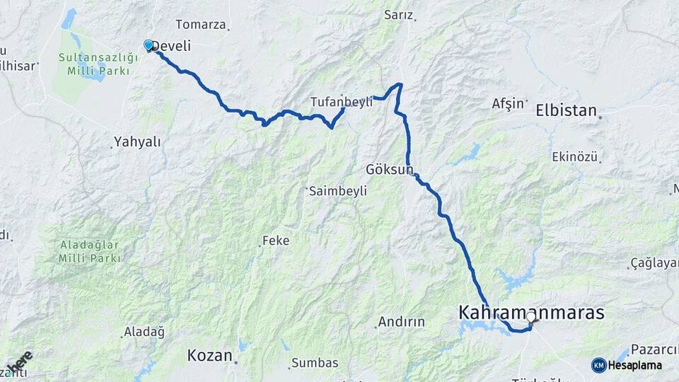 Kayseri Develi Kahramanmaraş Arası Kaç Km - Yol Haritası