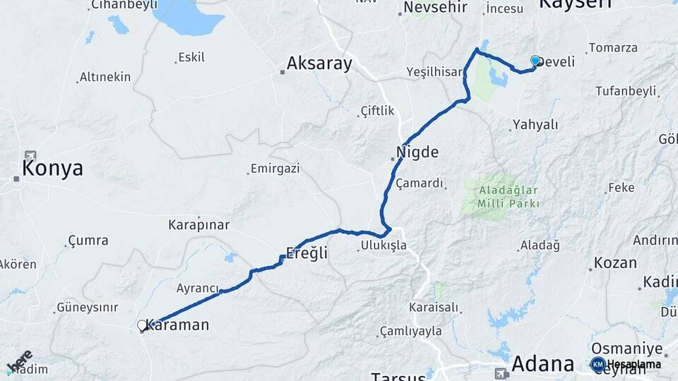 Kayseri Develi Karaman Arası Kaç Km - Yol Haritası