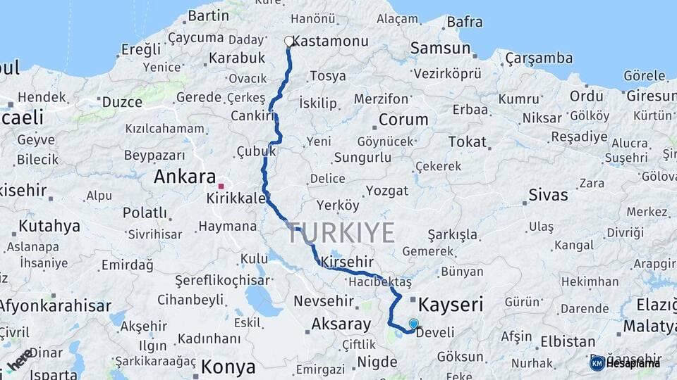 Kayseri Develi Kastamonu Arası Kaç Km - Yol Haritası