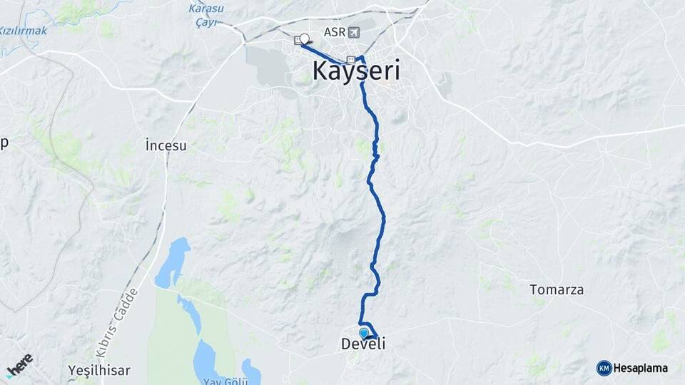 Kayseri Develi Kayseri Otogarı Arası Kaç Km - Yol Haritası