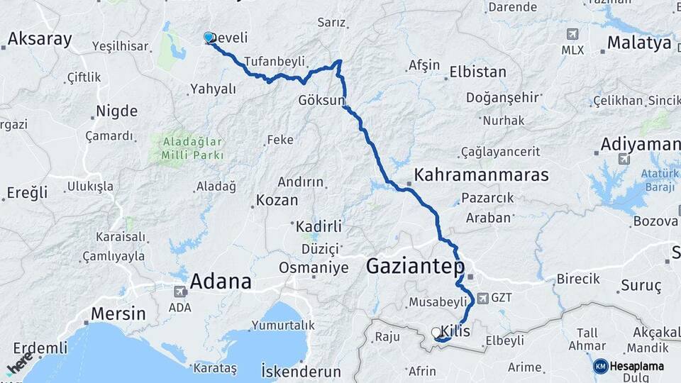 Kayseri Develi Kilis Arası Kaç Km - Yol Haritası