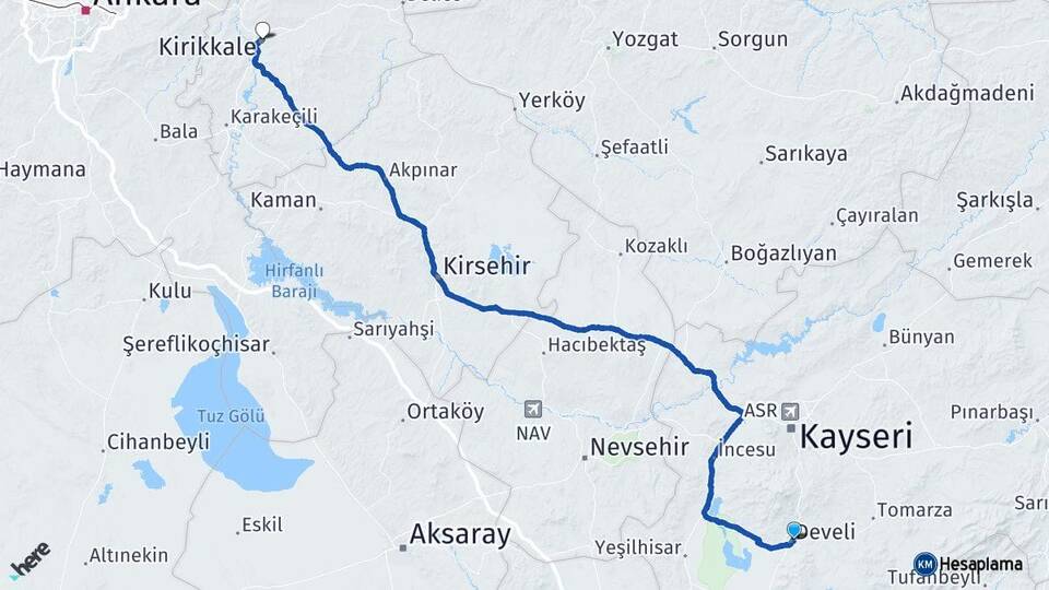 Kayseri Develi Kırıkkale Arası Kaç Km - Yol Haritası