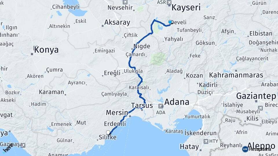 Kayseri Develi Kızkalesi Erdemli Mersin Arası Kaç Km - Yol Haritası