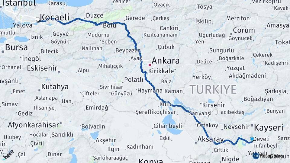 Develi Kocaeli Arası Kaç Km - Yol Tarifi