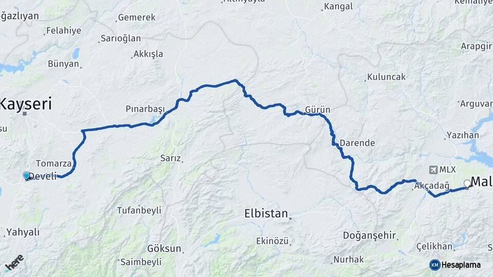 Kayseri Develi Malatya Arası Kaç Km - Yol Haritası
